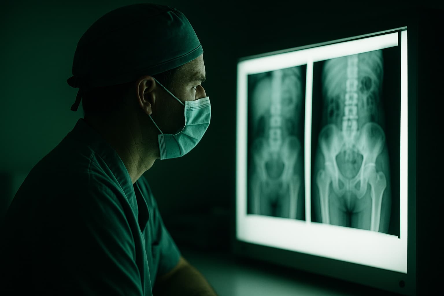 Radiologist workstation with abdominal imaging on monitor